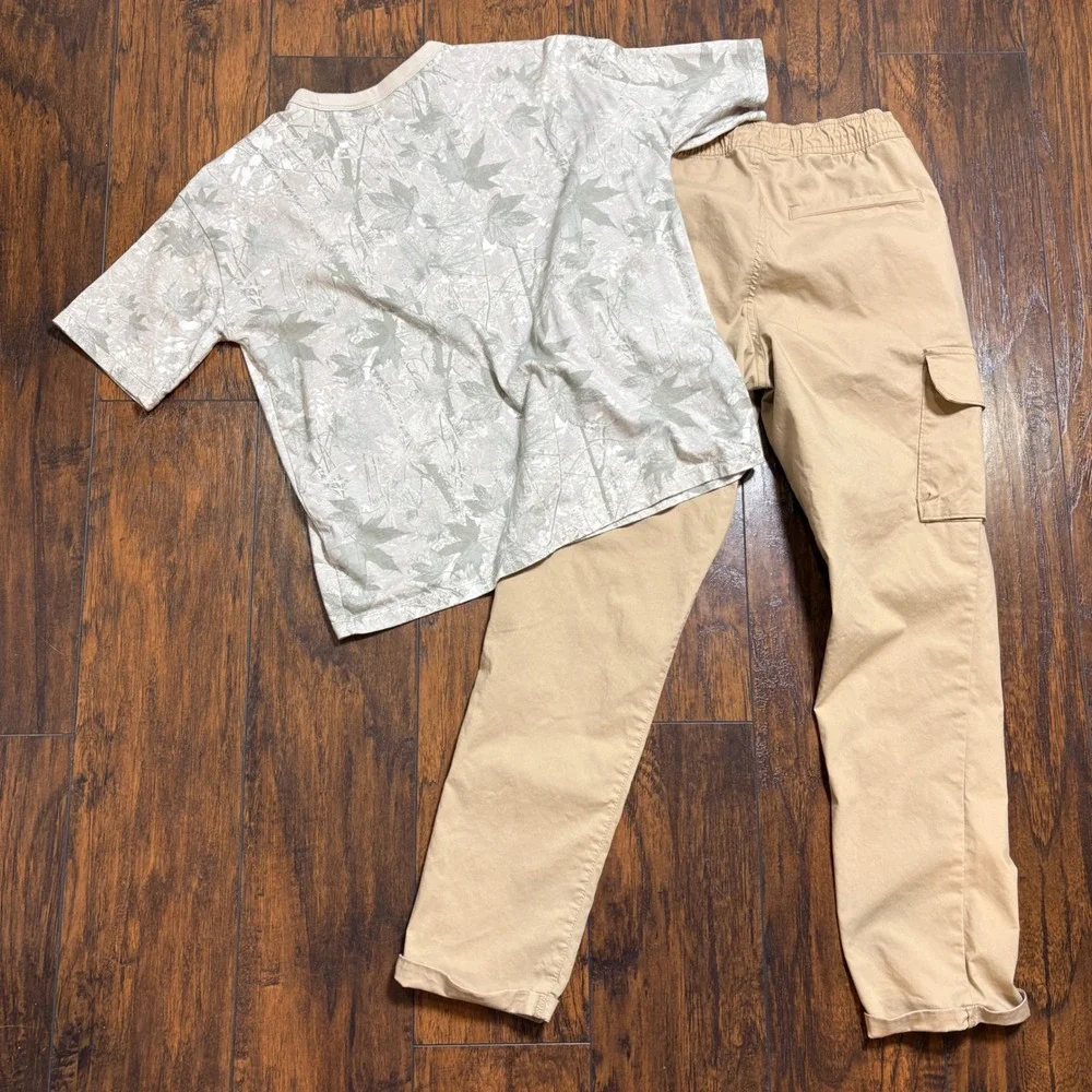 Old Navy Shirt and Pants Set Boys L/XL Tan Leaf Print Tech Taper Cargo Outfit